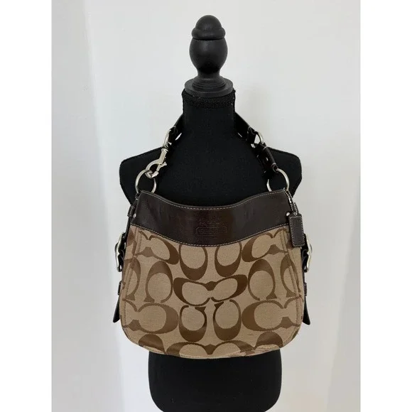 Coach Signature Jacquard Brown Leather Trim Hobo Shoulder Bag Monogram Canvas - Picture 15 of 16
